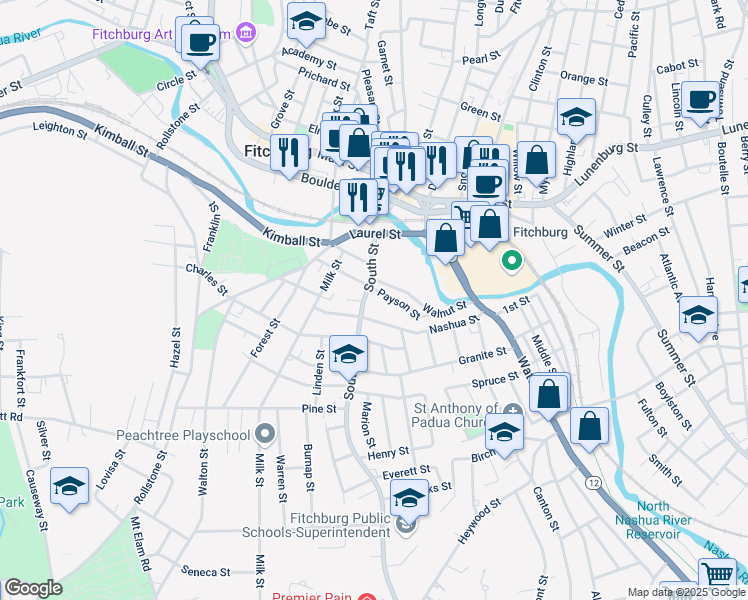 map of restaurants, bars, coffee shops, grocery stores, and more near 78 Walnut Street in Fitchburg