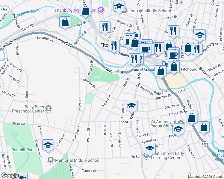 map of restaurants, bars, coffee shops, grocery stores, and more near 17 Forest Street in Fitchburg