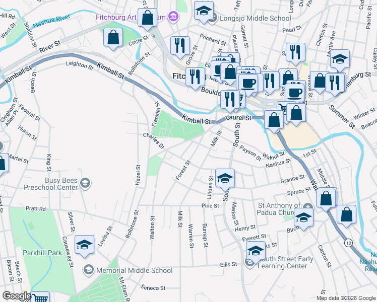 map of restaurants, bars, coffee shops, grocery stores, and more near 17 Forest Street in Fitchburg