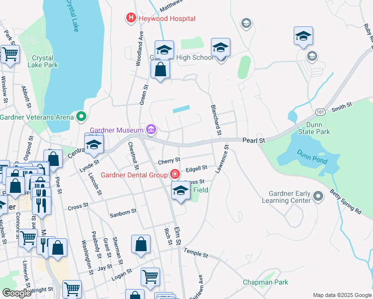 map of restaurants, bars, coffee shops, grocery stores, and more near 132 Pearl Street in Gardner