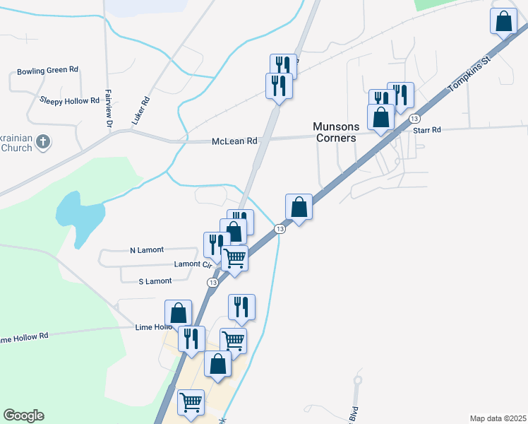 map of restaurants, bars, coffee shops, grocery stores, and more near 981 New York 13 in Cortland