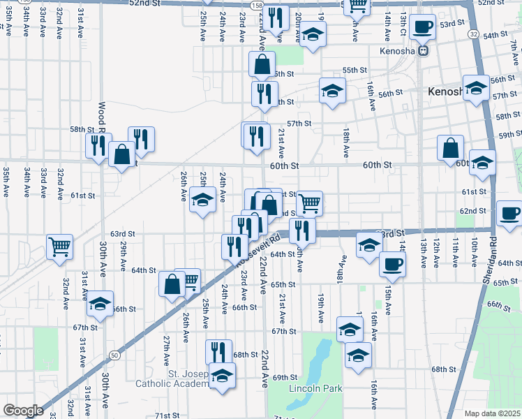 map of restaurants, bars, coffee shops, grocery stores, and more near 6110 22nd Avenue in Kenosha