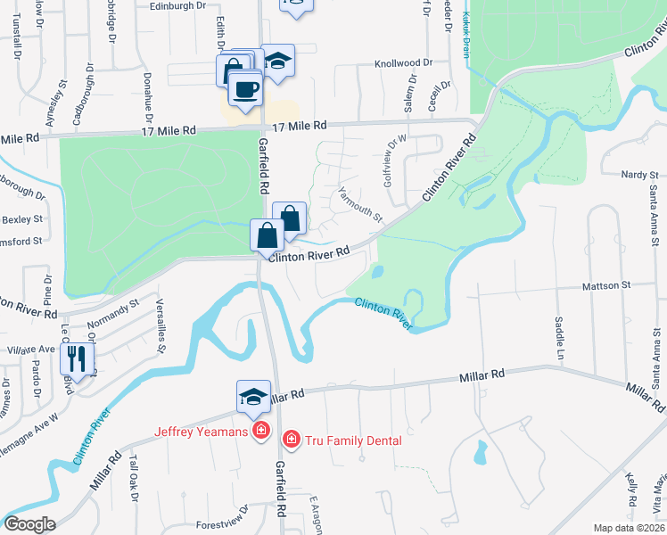 map of restaurants, bars, coffee shops, grocery stores, and more near 17124 Clinton River Road in Clinton Township