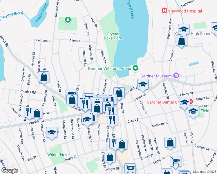 map of restaurants, bars, coffee shops, grocery stores, and more near 148 Vernon Street in Gardner
