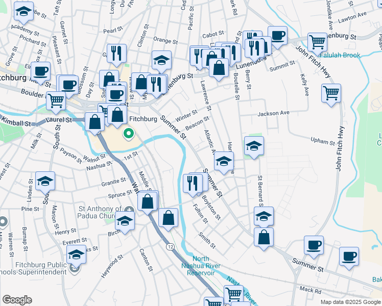 map of restaurants, bars, coffee shops, grocery stores, and more near 85 Summer Street in Fitchburg