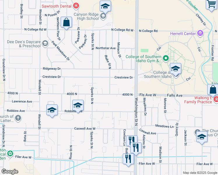 map of restaurants, bars, coffee shops, grocery stores, and more near 937 Blake Street North in Twin Falls