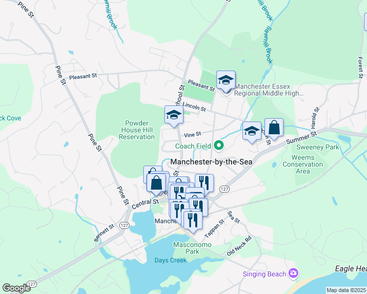 map of restaurants, bars, coffee shops, grocery stores, and more near 55 School Street in Manchester-by-the-Sea