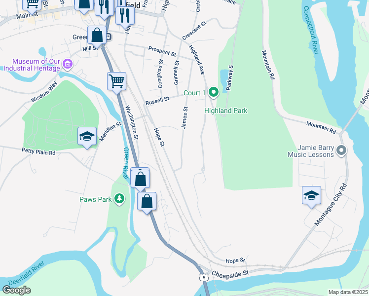 map of restaurants, bars, coffee shops, grocery stores, and more near 93 James Street in Greenfield