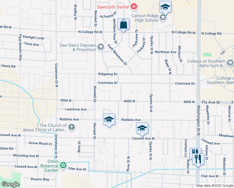 map of restaurants, bars, coffee shops, grocery stores, and more near 944 Bracken Street North in Twin Falls