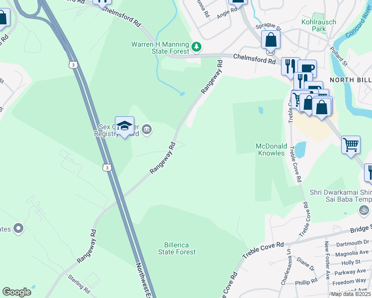 map of restaurants, bars, coffee shops, grocery stores, and more near 90 Rangeway Road in Billerica