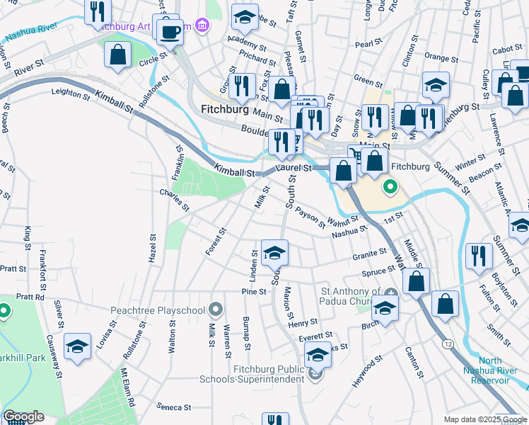 map of restaurants, bars, coffee shops, grocery stores, and more near 51 Milk Street in Fitchburg