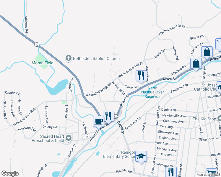 map of restaurants, bars, coffee shops, grocery stores, and more near 54 Norwood Street in Fitchburg