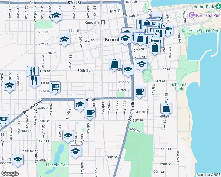 map of restaurants, bars, coffee shops, grocery stores, and more near 6115 12th Avenue in Kenosha