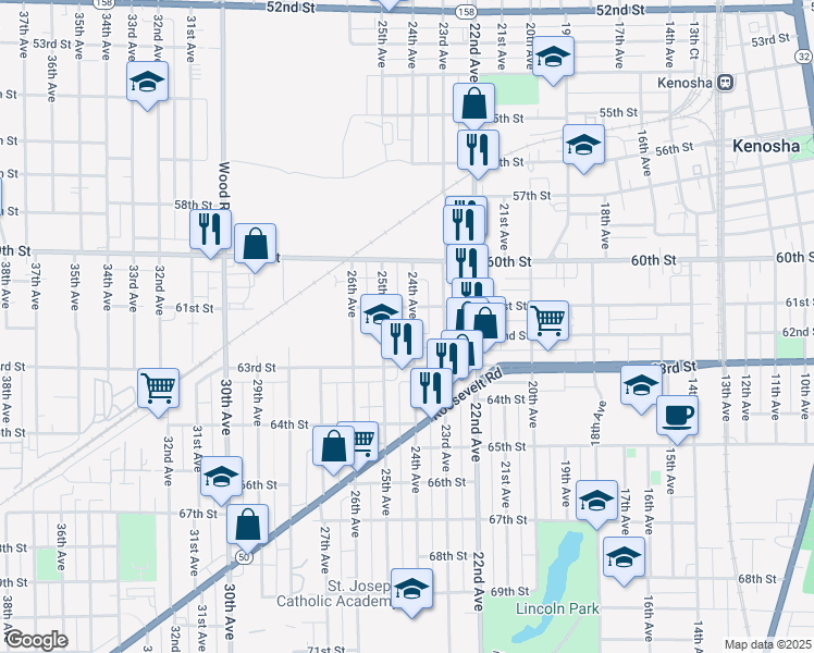 map of restaurants, bars, coffee shops, grocery stores, and more near 6110 24th Avenue in Kenosha