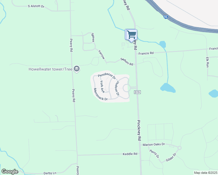 map of restaurants, bars, coffee shops, grocery stores, and more near Portsmouth Court in Howell