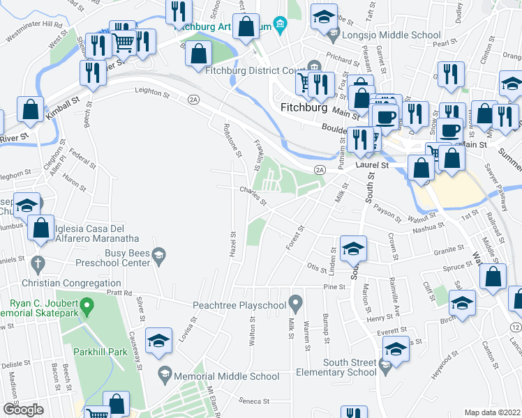 map of restaurants, bars, coffee shops, grocery stores, and more near 260 Rollstone Street in Fitchburg