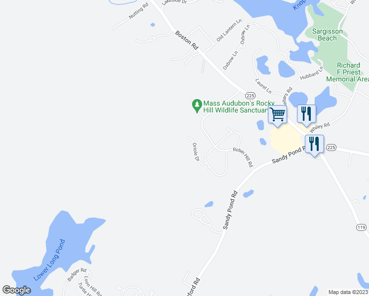 map of restaurants, bars, coffee shops, grocery stores, and more near Mockingbird Hill Road in Groton