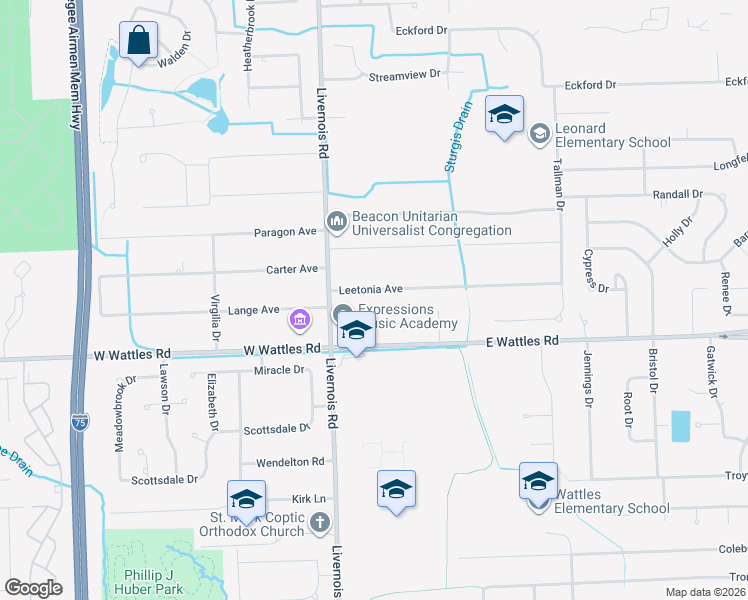 map of restaurants, bars, coffee shops, grocery stores, and more near 78 Leetonia Drive in Troy