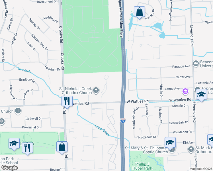 map of restaurants, bars, coffee shops, grocery stores, and more near 4154 Three Oaks Drive in Troy