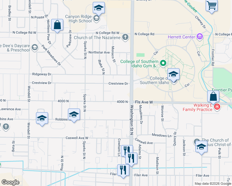 map of restaurants, bars, coffee shops, grocery stores, and more near 122 Falls Avenue West in Twin Falls