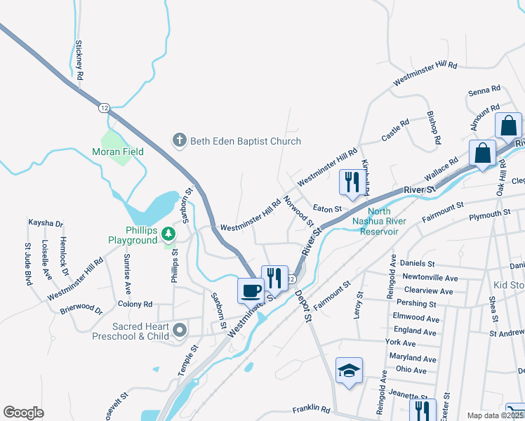 map of restaurants, bars, coffee shops, grocery stores, and more near 668 Westminster Hill Road in Fitchburg