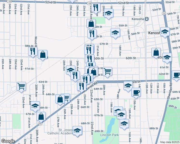 map of restaurants, bars, coffee shops, grocery stores, and more near 6110 22nd Avenue in Kenosha