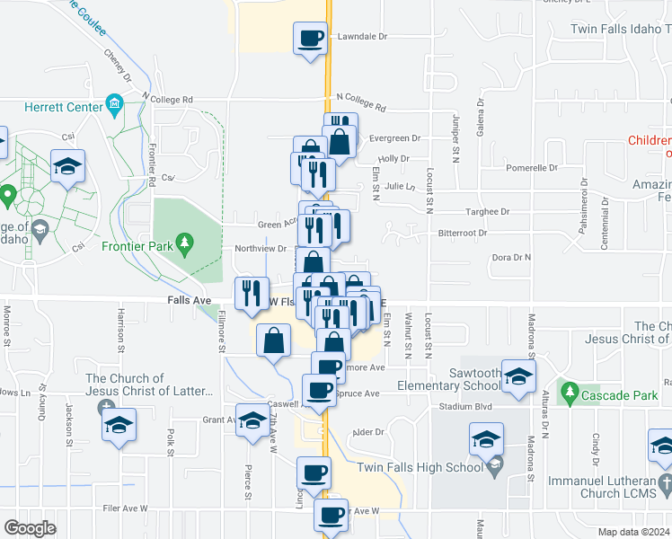 map of restaurants, bars, coffee shops, grocery stores, and more near 953 North 3000 East Road in Twin Falls