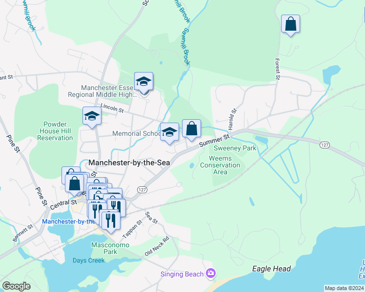 map of restaurants, bars, coffee shops, grocery stores, and more near 70 Lincoln Street in Manchester-by-the-Sea
