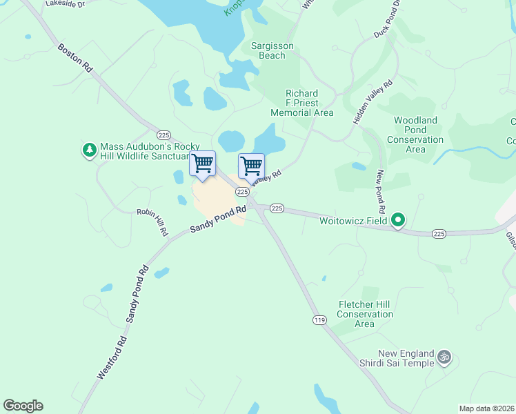 map of restaurants, bars, coffee shops, grocery stores, and more near 1 Massachusetts 225 in Groton