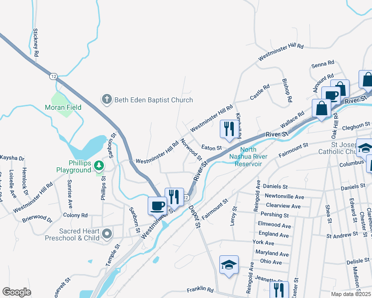 map of restaurants, bars, coffee shops, grocery stores, and more near 54 Norwood Street in Fitchburg