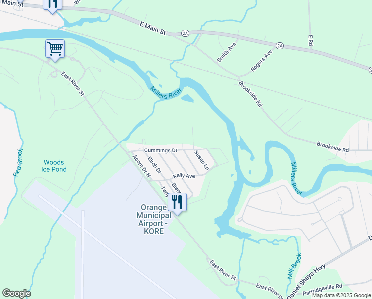 map of restaurants, bars, coffee shops, grocery stores, and more near 519 East River Street in Orange