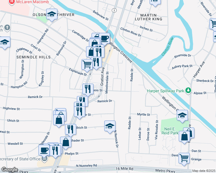 map of restaurants, bars, coffee shops, grocery stores, and more near 38455 Meadowdale Street in Clinton Township