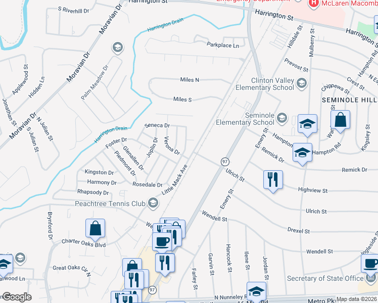 map of restaurants, bars, coffee shops, grocery stores, and more near 38055-38135 Little Mack Avenue in Charter Township of Clinton
