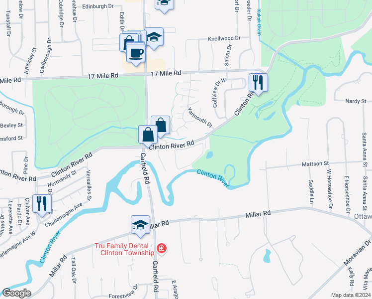 map of restaurants, bars, coffee shops, grocery stores, and more near 17124 Clinton River Road in Clinton Township