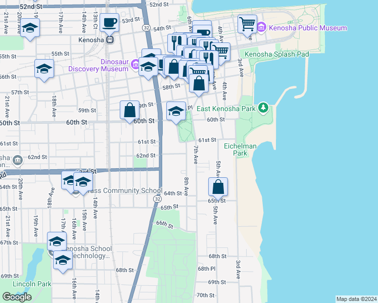map of restaurants, bars, coffee shops, grocery stores, and more near 6117 8th Avenue in Kenosha