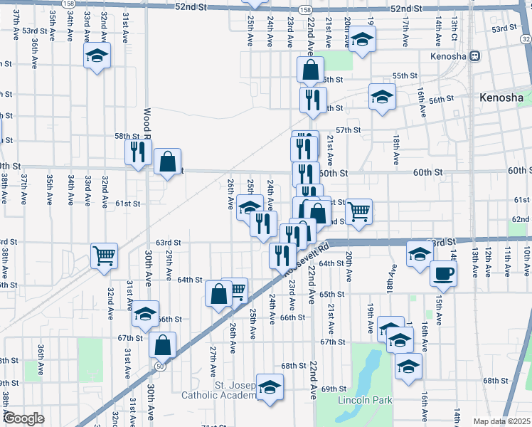 map of restaurants, bars, coffee shops, grocery stores, and more near 6110 24th Avenue in Kenosha