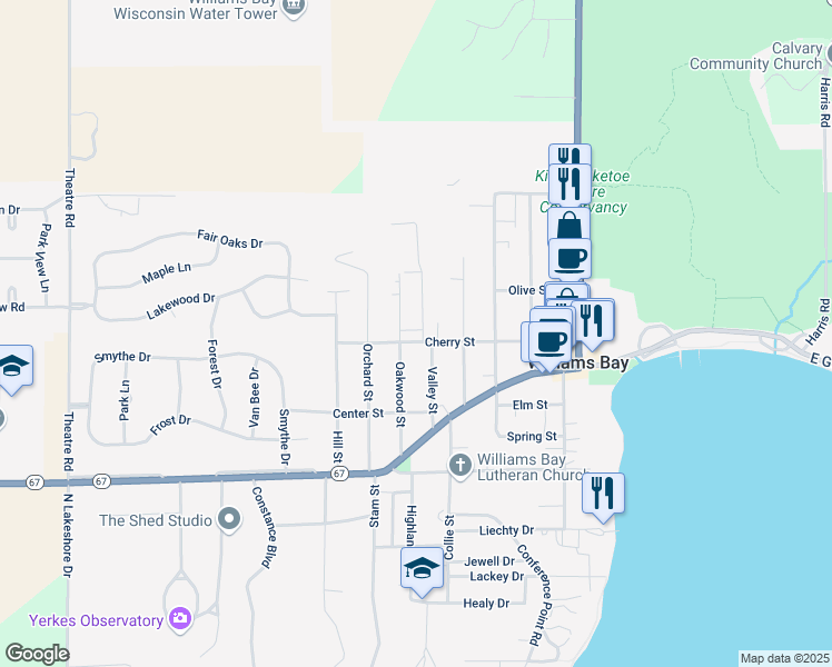 map of restaurants, bars, coffee shops, grocery stores, and more near 136 Cherry Street in Williams Bay