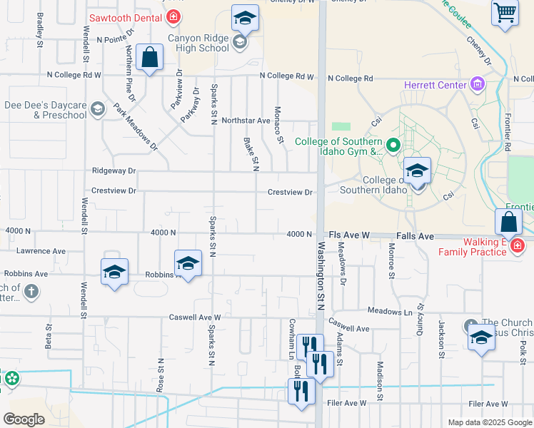 map of restaurants, bars, coffee shops, grocery stores, and more near 956 Blake Street North in Twin Falls