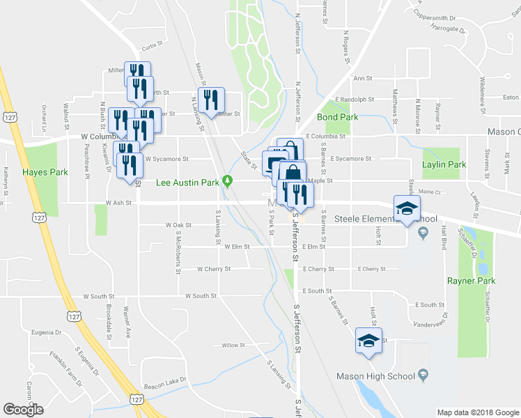 map of restaurants, bars, coffee shops, grocery stores, and more near 215 W Ash St in Mason