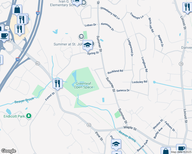 map of restaurants, bars, coffee shops, grocery stores, and more near 20 Greenleaf Drive in Danvers