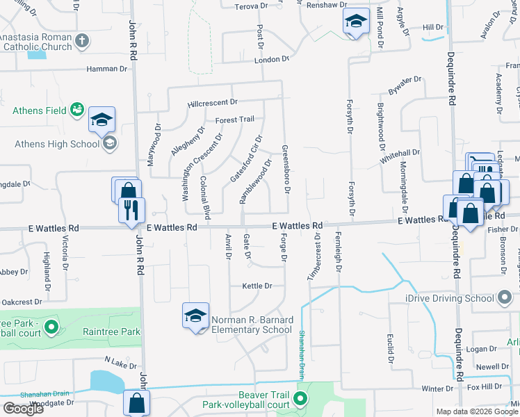 map of restaurants, bars, coffee shops, grocery stores, and more near 2339 Greensboro Drive in Troy