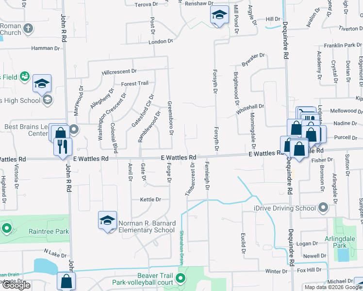 map of restaurants, bars, coffee shops, grocery stores, and more near 4053 Rockingham Drive in Troy