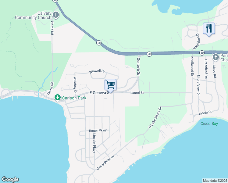 map of restaurants, bars, coffee shops, grocery stores, and more near 91 Potawatomi Road in Williams Bay