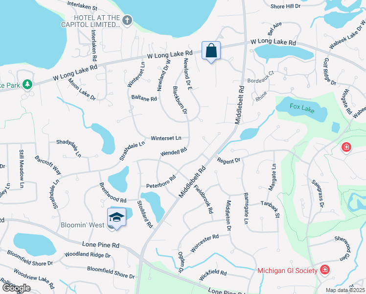map of restaurants, bars, coffee shops, grocery stores, and more near 4152 Wendell Road in West Bloomfield Township