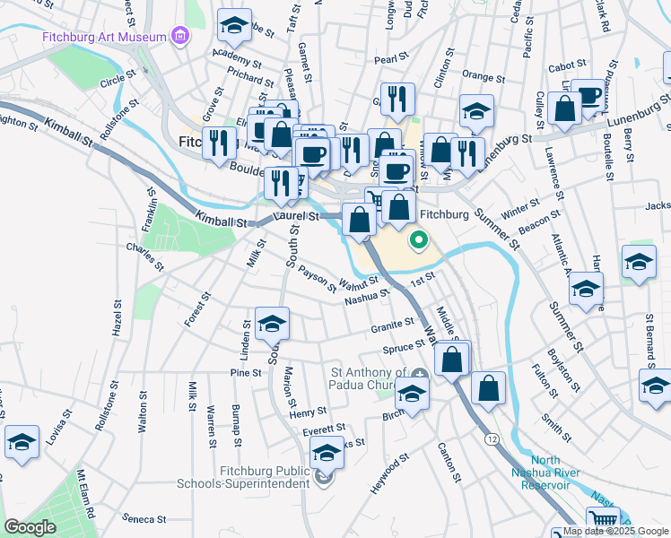 map of restaurants, bars, coffee shops, grocery stores, and more near 59 Walnut Street in Fitchburg
