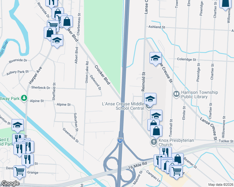 map of restaurants, bars, coffee shops, grocery stores, and more near 24925 Crocker Boulevard in Macomb County