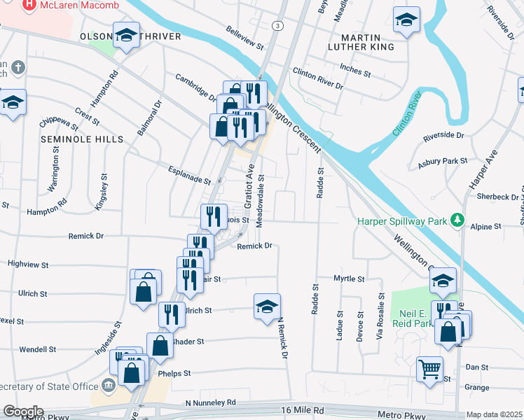 map of restaurants, bars, coffee shops, grocery stores, and more near 38455 Meadowdale Street in Clinton Township