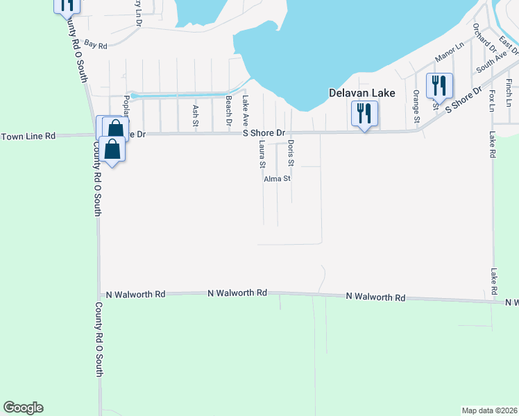 map of restaurants, bars, coffee shops, grocery stores, and more near N2409 Laura Street in Delavan