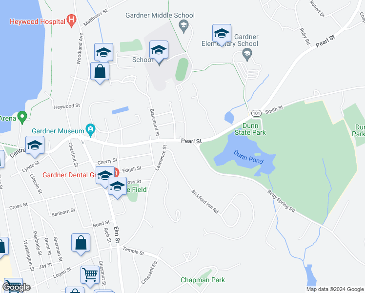 map of restaurants, bars, coffee shops, grocery stores, and more near 6 Lawrence Street in Gardner