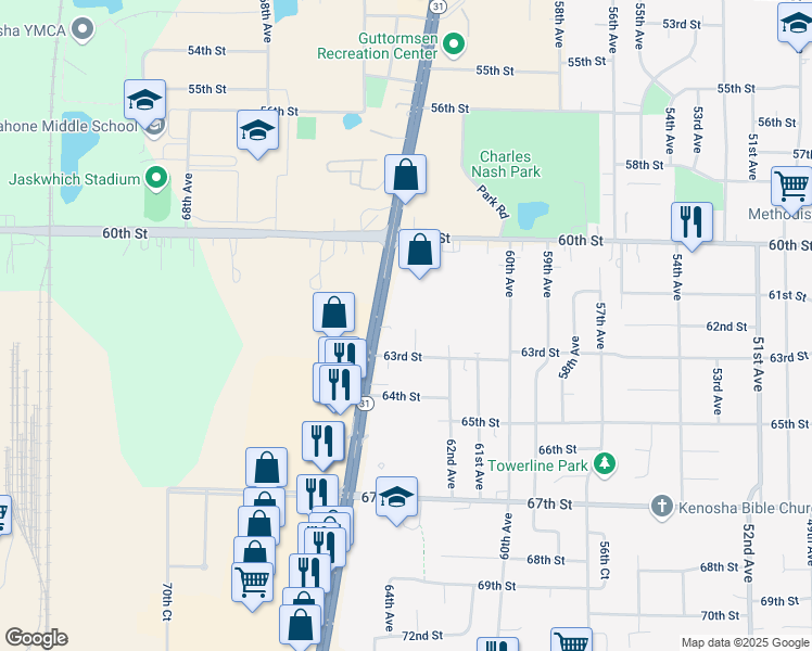 map of restaurants, bars, coffee shops, grocery stores, and more near 6206 63rd Avenue in Kenosha